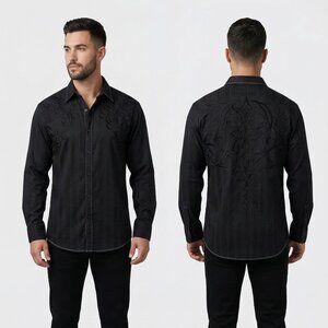 Roar Shirt Men's Black Button Up Embroidered Rock Western Grunge Stripes 2XL